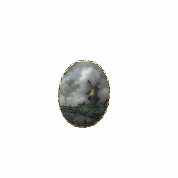 Windmill Brooch Pin Vintage Women's Dark Weather Painted Porcelain And Gold Tone - Picture 3 of 12